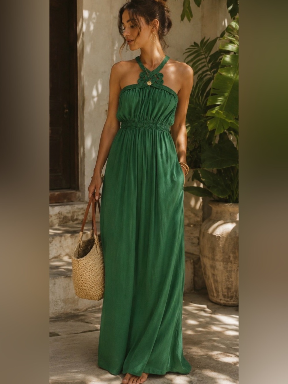 Max Studio Empire Maxi Dress Kelly Green Jersey Knit Y2K Bohemian Vacation Small